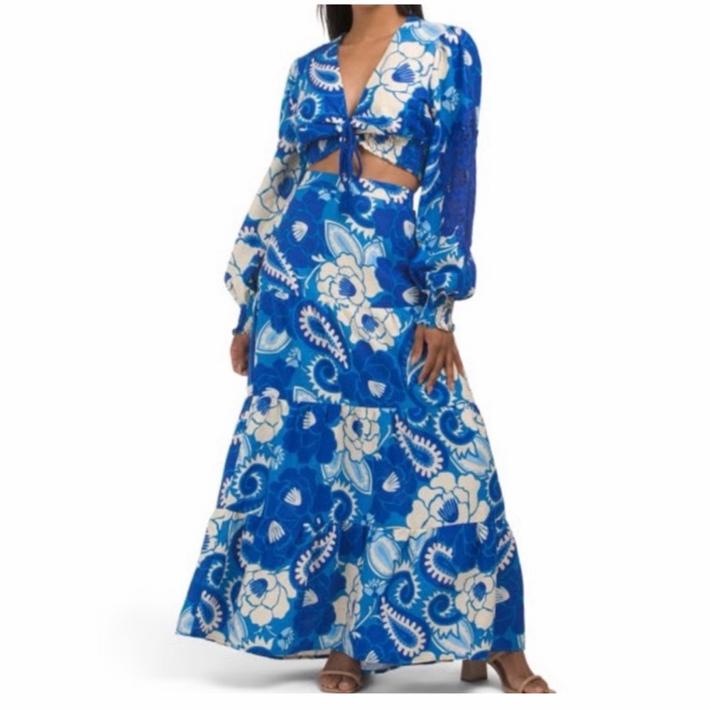 House of Harlowe 1960 Blue Cream Floral Paisley Repeat Top Maxi Skirt Set Linen